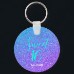 Sweet 16 Lila Aquamariner Glitzer Chic Personalisi Schlüsselanhänger<br><div class="desc">Sechzehn Jahre alt und jetzt fahren! Dieser Sweet 16 Lila Aquamariner Glitzer Chic Personalisierter Schlüsselanhänger ist die perfekte Geschenkidee. Dieses moderne, gürmige Design hat einen Hintergrund mit aquamarinen und lila ombre Imitate Glitzer. Der Text ist "Sweet 16" in aquamariner, trendiger, handgeschriebener Schrift. Personalisiert mit dem Namen in weißen Kleinbuchstaben. Design...</div>