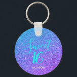 Sweet 16 Lila Aquamariner Glitzer Chic Personalisi Schlüsselanhänger<br><div class="desc">Sechzehn Jahre alt und jetzt fahren! Dieser Sweet 16 Lila Aquamariner Glitzer Chic Personalisierter Schlüsselanhänger ist die perfekte Geschenkidee. Dieses moderne, gürmige Design hat einen Hintergrund mit aquamarinen und lila ombre Imitate Glitzer. Der Text ist "Sweet 16" in aquamariner, trendiger, handgeschriebener Schrift. Personalisiert mit dem Namen in weißen Kleinbuchstaben. Design...</div>