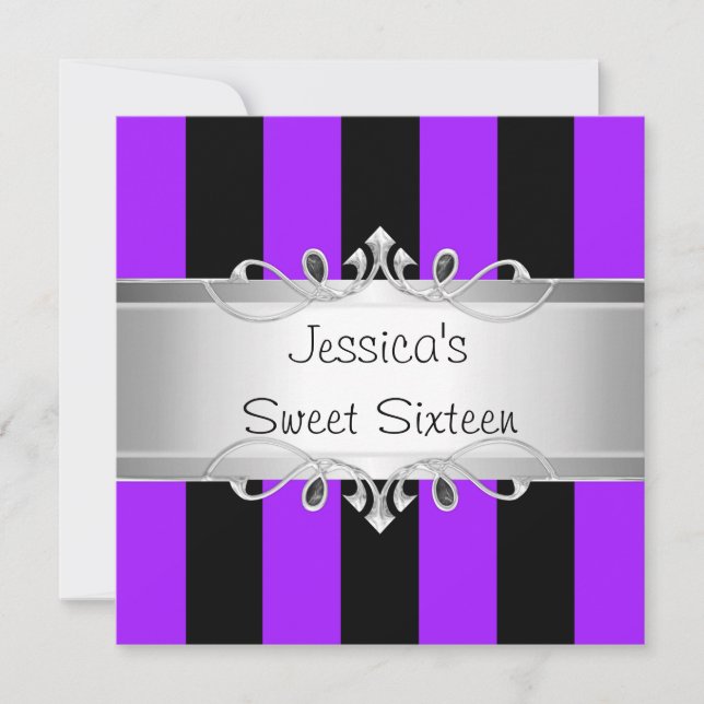 Sweet 16 Lila Black Stripes Silver Jewel Party Einladung (Vorderseite)