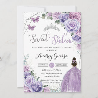 Sweet 16 Lila BlumenPrinzessin Silver Birthday Einladung