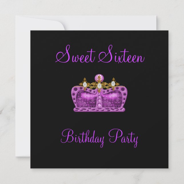 Sweet 16 Lila Crown Princess Event Black Einladung (Vorderseite)
