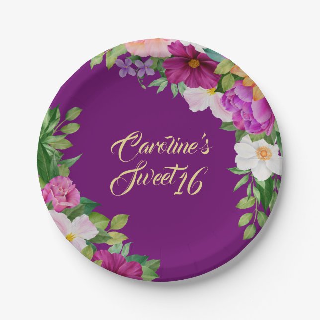 Sweet 16 Lila Floral Watercolor Bouquet Niedlich Pappteller (Vorderseite)
