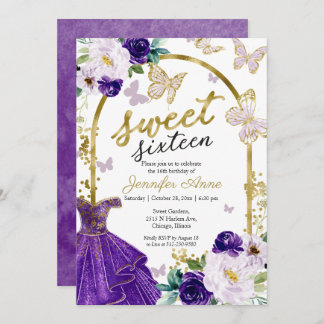 Sweet 16 Lila, florales Kleid Schmetterling Einladung