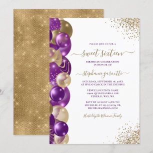 Sweet 16 Lila Gold Sparkle Ballon Einladung