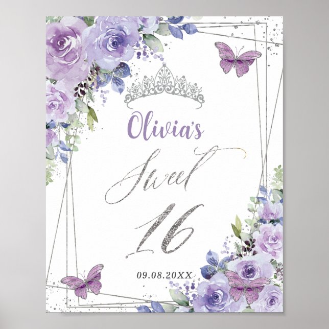 Sweet 16 Lila Lilac Floral Silberschmetterlinge Poster (Vorne)