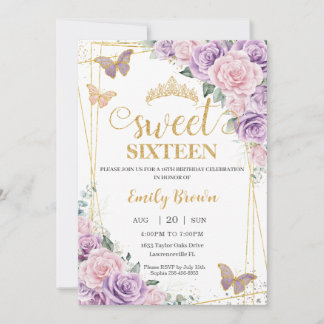 Sweet 16 Lila Lilac Pink Blütenschmetterlinge Einladung