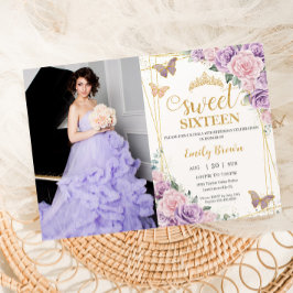 Sweet 16 Lila Lilac Pink Floral Butterfly Foto Einladung