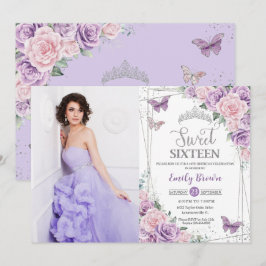Sweet 16 Lila Lilac Pink Floral Butterfly Foto Einladung