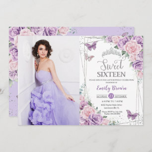 Sweet 16 Lila Lilac Pink Floral Butterfly Foto Einladung