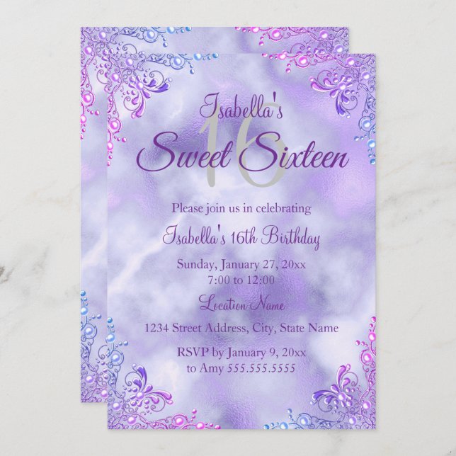 Sweet 16 Lila Lilac Silver Pearl Damask Einladung (Vorne/Hinten)