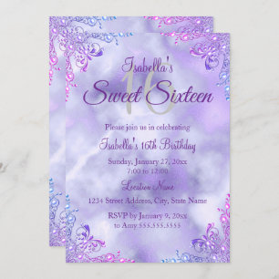 Sweet 16 Lila Lilac Silver Pearl Damask Einladung