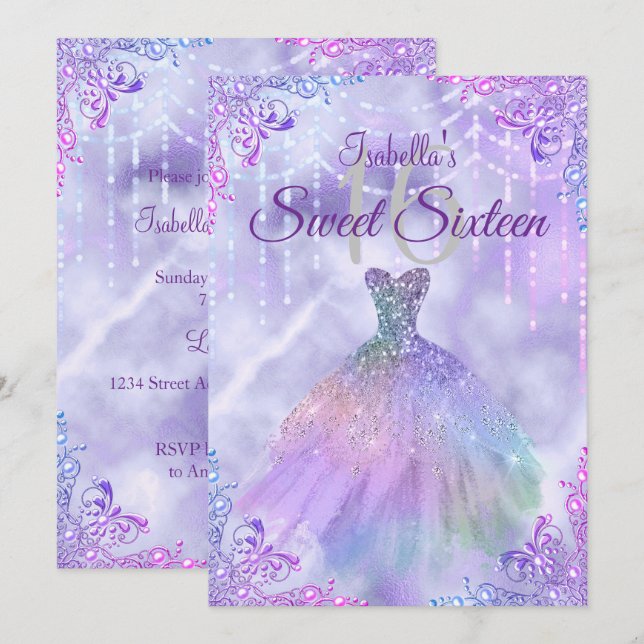Sweet 16 Lila Lilac Silver Pearl Gown Einladung (Vorne/Hinten)