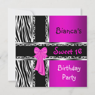 Sweet 16 Lila Pink Silver Black Zebra Leopard Einladung