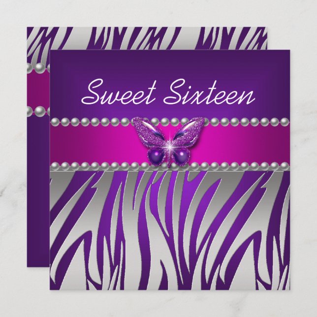 Sweet 16 Lila Pink Zebra Silberschmetterling Einladung (Vorne/Hinten)