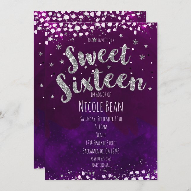 Sweet 16 Lila & Silver Starry Night Einladungen (Vorne/Hinten)