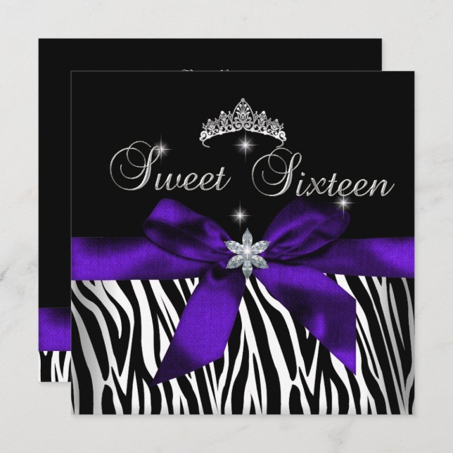Sweet 16 Lila Zebra Black Diamonds Einladung (Vorne/Hinten)