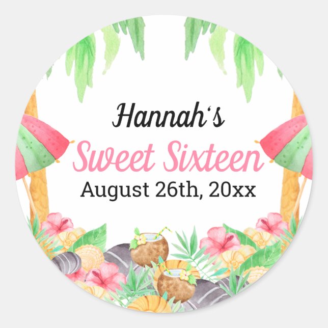 Sweet 16 Luau Party Hawaiian Watercolor Custom Runder Aufkleber (Vorderseite)