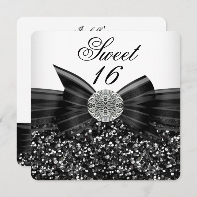 Sweet 16 Luxury Glitzer Bow Silver Schwarz-weiß Einladung (Vorne/Hinten)