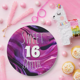 Sweet 16 Magenta Purple Marble Personalized Pappteller