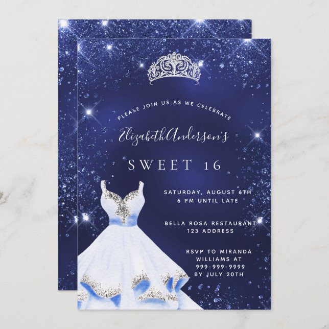 Sweet 16 Marineblau Glitzer Kleid tiara glamourös Einladung (Vorne/Hinten)