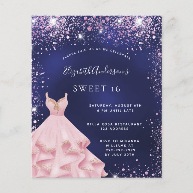 Sweet 16 marineblau rosa Kleid Einladung Flyer (Vorne)