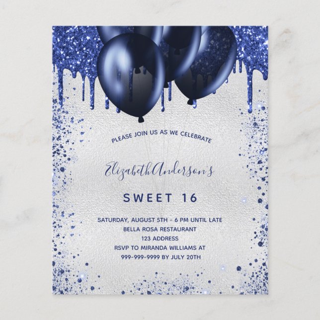 Sweet 16 Marineblau Silber Einladung Flyer (Vorne)