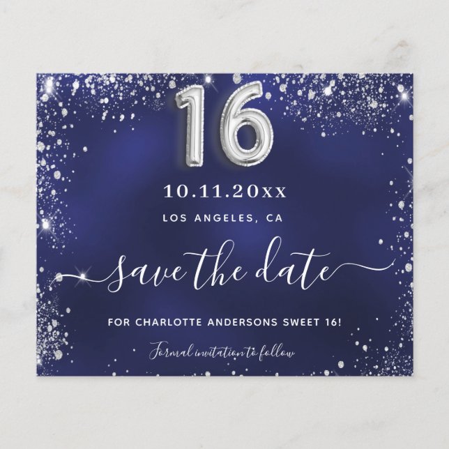 Sweet 16 Marineblau silber Glitzer rett Date Card (Vorderseite)