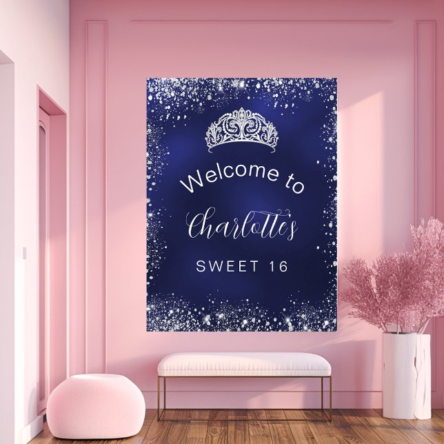 Sweet 16 Marineblau silber Glitzer willkommen Poster (Von Creator hochgeladen)