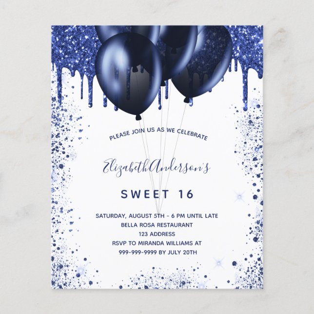 Sweet 16 Marineblau-Weiß-Haushaltseinladung Flyer (Vorne)