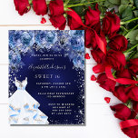 Sweet 16 marineblaue Kleid Blumenladen<br><div class="desc">Eine moderne,  stilvolle und glamouröse Einladung zu einer Sweet 16. Geburtstagsfeier. Ein marinierter Hintergrund mit Imitaten silbernen Glitzer Glitzern,  ein Kleid und blauen Rose,  Blumengestühle. Die blaue Hintergrundfarbe ist ungleichmäßig. Der Name ist mit einem modernen handgeschriebenen Stilskript geschrieben. Personalisieren Sie Ihre Party-Daten und fügen Sie sie hinzu.</div>