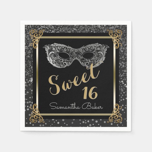 Sweet 16 Masquerade Ball Silver Gold 16 . Geburtst Serviette (Vorderseite)