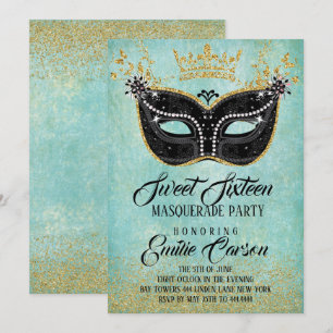 Sweet 16 Masquerade Gold Glitzer und Aqua Einladung