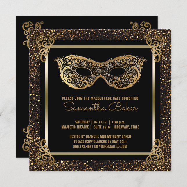 Sweet 16 Masquerade Party | 16 . Geburtstag Gold Einladung (Vorne/Hinten)