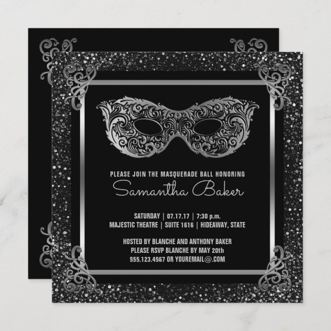 Sweet 16 Masquerade Party| 16 . Geburtstag Silber Einladung (Vorne/Hinten)