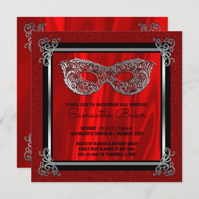 Sweet 16 Masquerade | Red 16 . Geburtstag Birthday Einladung (Vorne/Hinten)