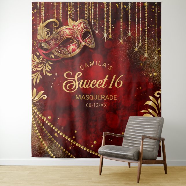 Sweet 16 Masquerade Red Gold Foto Backdrop ID1032 Wandteppich (Beispiel)