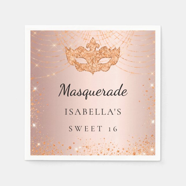 Sweet 16 Masquerade Rose Gold Glitzern Party Serviette (Vorderseite)