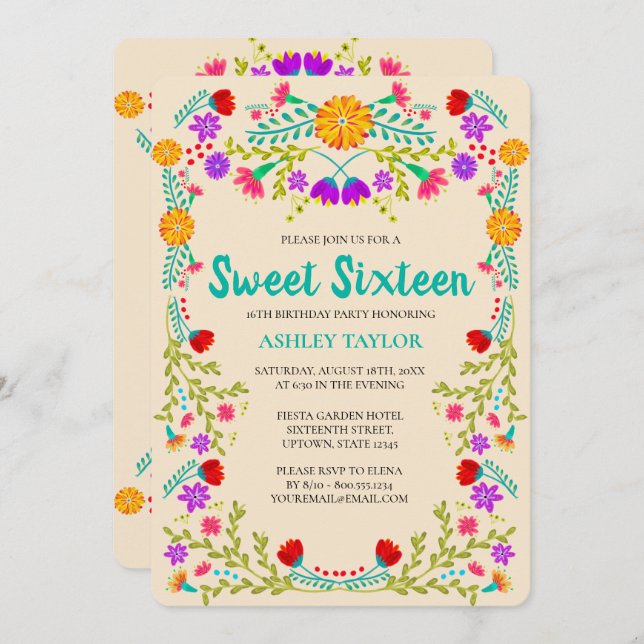 Sweet 16 Mexican Fiesta Champagne Floral Geburtsta Einladung (Vorne/Hinten)