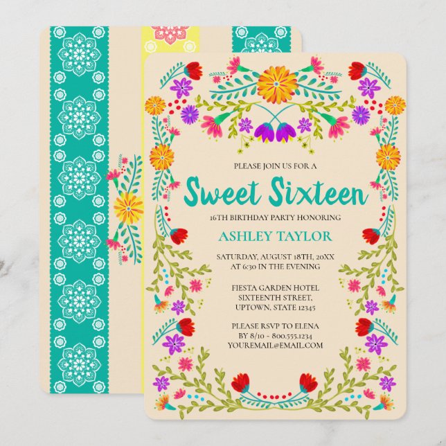 Sweet 16 Mexican Fiesta Papel Picado Champagne Einladung (Vorne/Hinten)