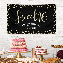 Sweet 16 Modern Black Gold Glitzer Girly Birthday Banner