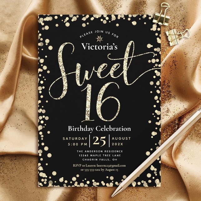 Sweet 16 Modern Black Gold Glitzer Girly Birthday Einladung (Von Creator hochgeladen)