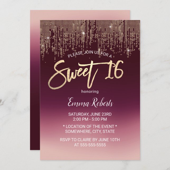 Sweet 16 Modern Burgundy Ombre Gold Sequins Einladung (Vorne/Hinten)