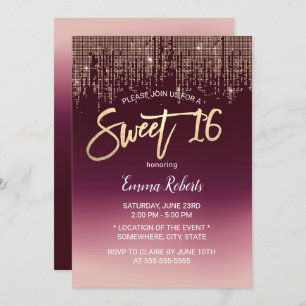 Sweet 16 Modern Burgundy Ombre Gold Sequins Einladung
