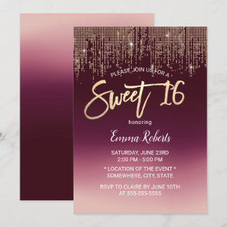 Sweet 16 Modern Burgundy Ombre Gold Sequins Einladung