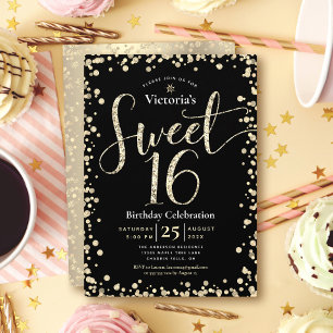 Sweet 16 Modern Gold Black Glitzer Girly Birthday Einladung