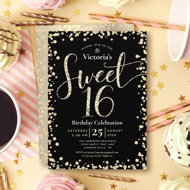 Sweet 16 Modern Gold Black Glitzer Girly Birthday Einladung (Von Creator hochgeladen)
