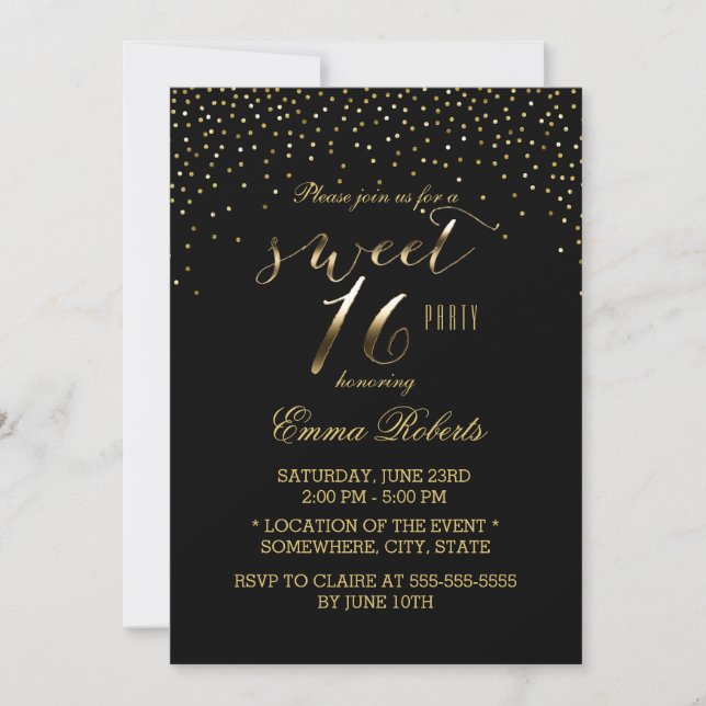 Sweet 16 Modern Gold Confetti Elegant Black Einladung (Vorderseite)