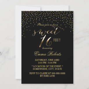 Sweet 16 Modern Gold Confetti Elegant Black Einladung