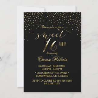 Sweet 16 Modern Gold Confetti Elegant Black Einladung