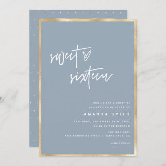 Sweet 16 Modern Script Gold Dusty Blue Geburtstag  Einladung
